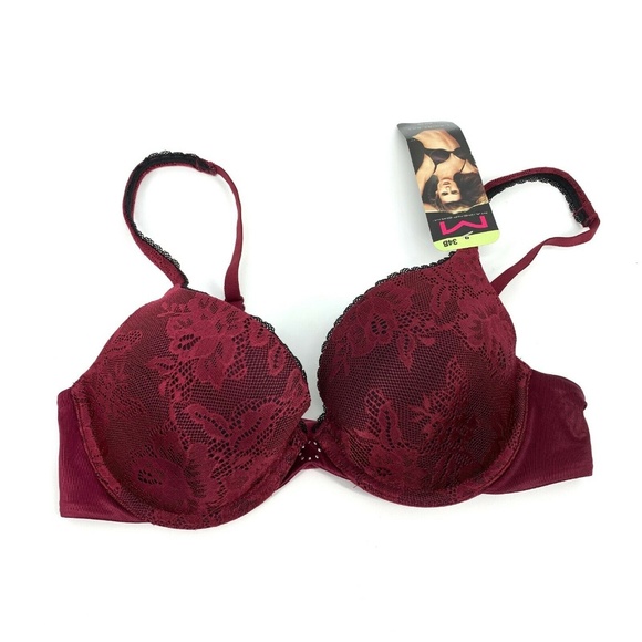 Maidenform Love the Lift T Shirt Bra Size 34B Burgundy Floral Lace Demi Push Up